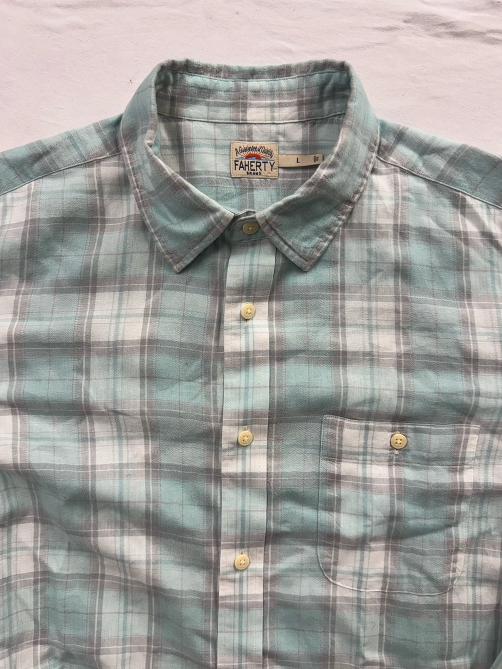 Faherty Brand Mens Blue Gray Plaid Organic Cotton Stretch Flannel Shirt Size L